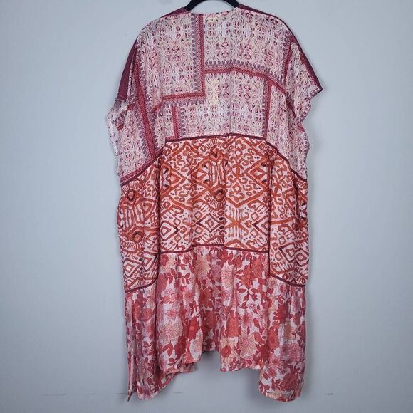 Easel Womens Open Front Kimono Red 1X Tiered Boho Floral Abstract Festival NWT - Picture 2 of 8